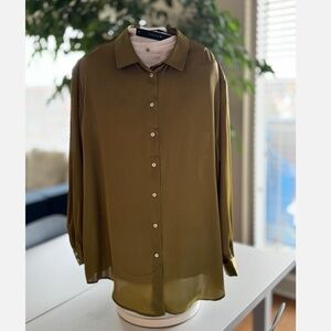 T Tahari Satin-Finish Button-Down Blouse – Pea Green – XL (NWT see note)